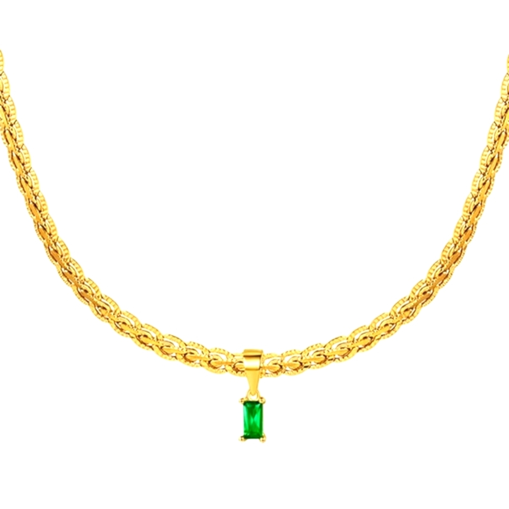 Braided Gold Necklace with Green Zircon Pendant – 18K Plated